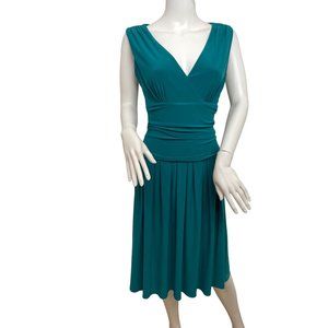Jessica Howard Dress Green 6 V- Neck Fit Flare MIDI Sleeveless Stretchy Cocktail